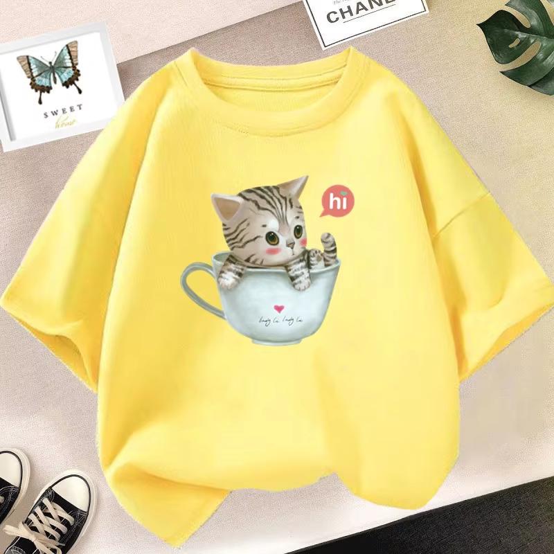 Summer children's T-shirt cute cat girl printed top short sleeved round neck shirt