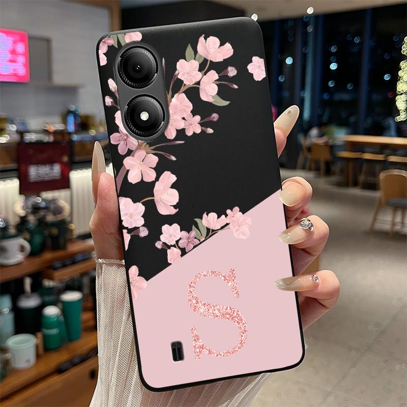 Black Case For ZTE Blade A33S Fundas Beautiful Flower Printing Initial Letters Phone Casing Soft Silicone Protective Back Cover