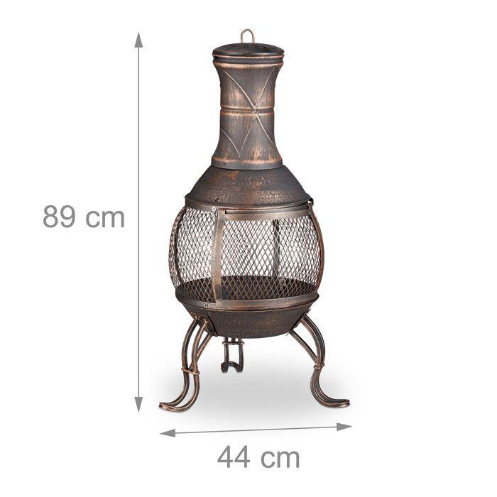 Relaxdays Mexican Fire Pit, Poker, Wooden Grill, Spark Screen, Garden, Terrace, Antique Fireplace, H 89cm, Bronze