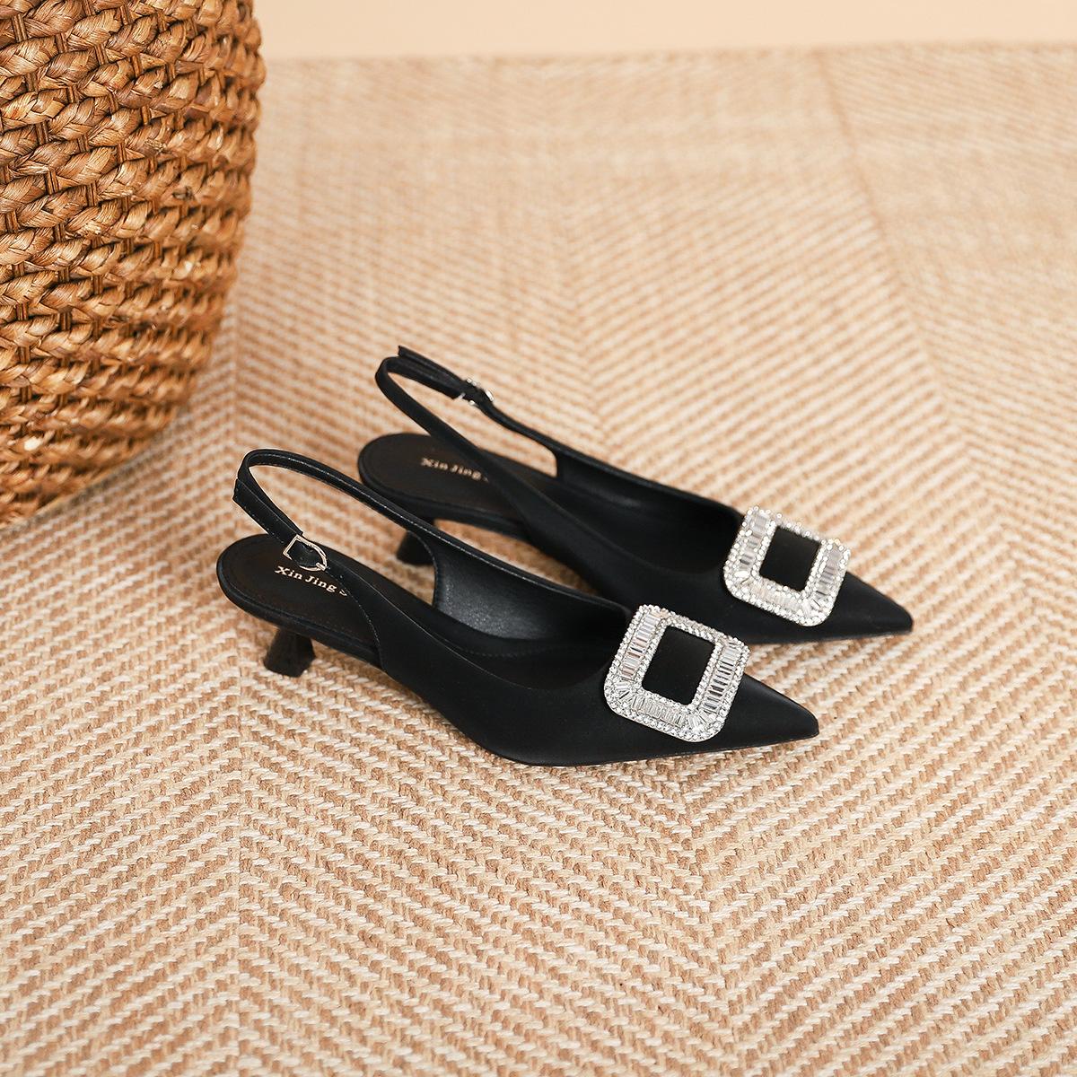 

198-1 туфли-лодочки с острым носком и полым каблуком сзади, женская обувь, новая французская металлическая обувь со стразами на тонком каблуке, женская обувь с мелким вырезом 35 чёрный