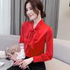 1116 white shirt women's design sense niche autumn long-sleeved top fashion acetic acid satin temperament lace-up chiffon