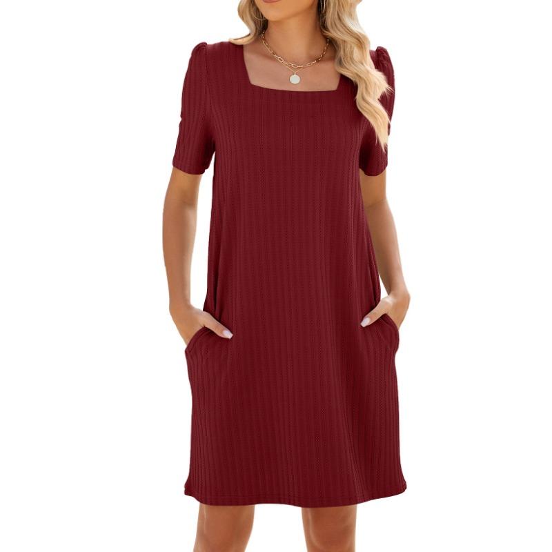 Women's Summer Square Collar Short Sleeve Pocket Solid Color Dress