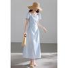 VICTORIA&VERA Gentle Mist Blue French Square Neck Pleated Dress