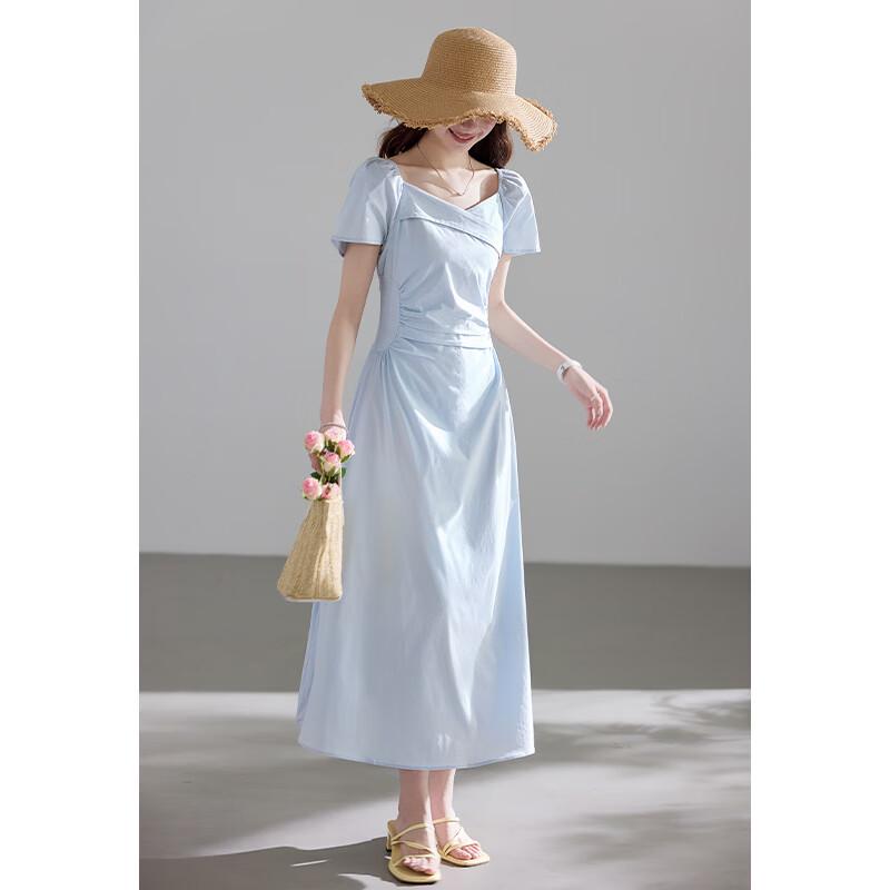 VICTORIA&VERA Gentle Mist Blue French Square Neck Pleated Dress