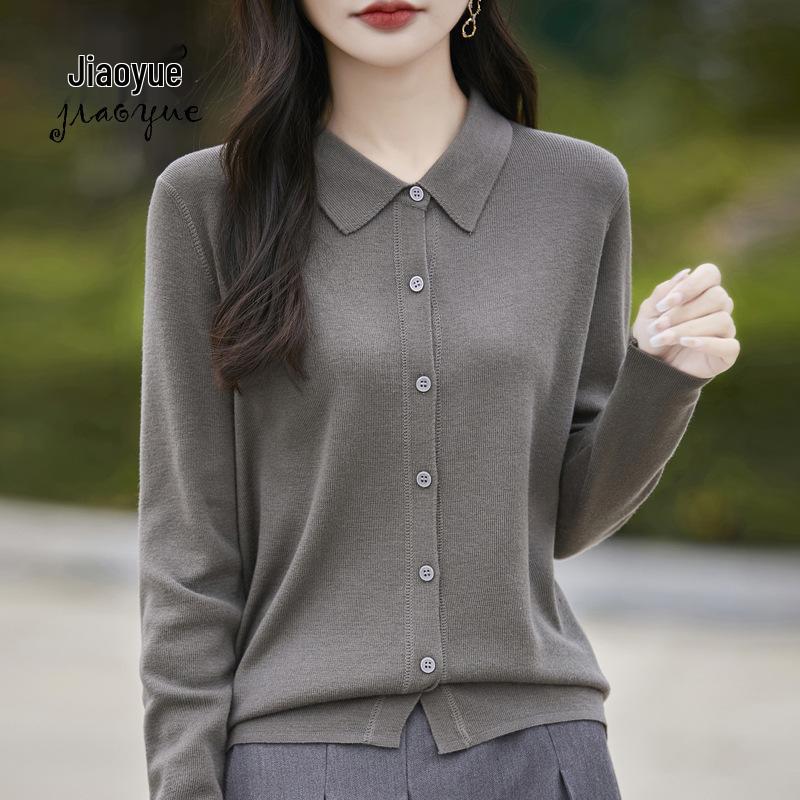 Women's Spring 2025 Lapel Cardigan Sweater - Knitwear Shirt Collar Base Layer or Outerwear Top