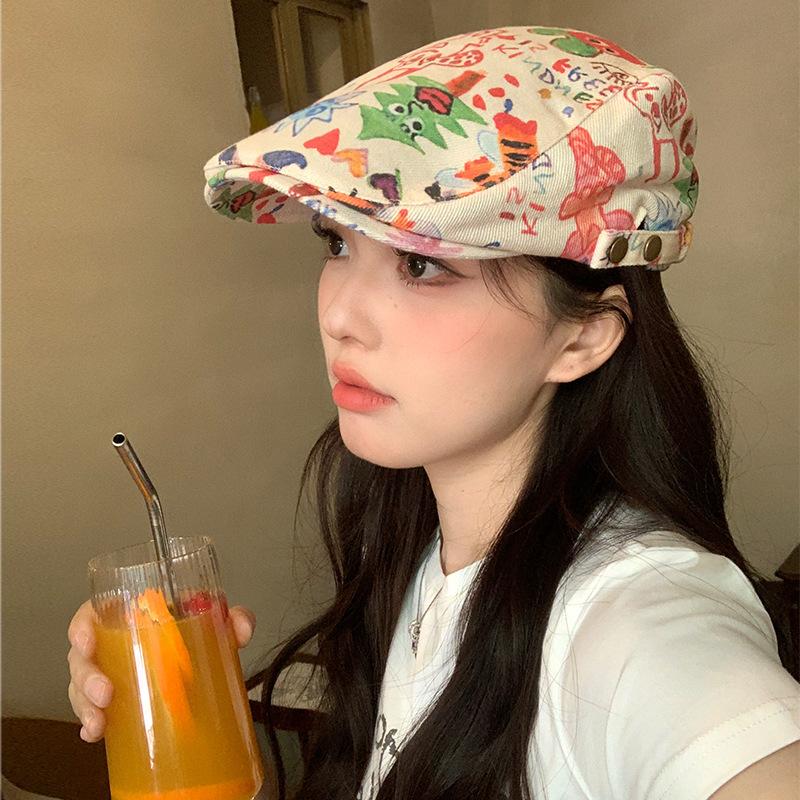Japanese-style Playful Graffiti Beret for Women, Niche Backwards-worn Forward Cap, Funny Newsboy Cap That Makes the Face Look Smaller, Trendy