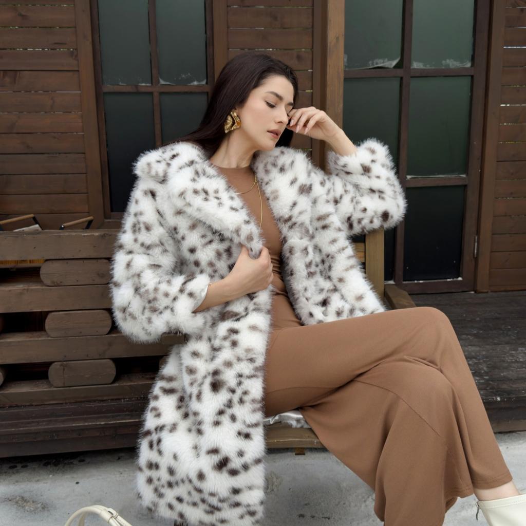 Fur jacket women's imitation fox fur coat bobcat leopard print suit collar medium and long European and American large size winter warmth