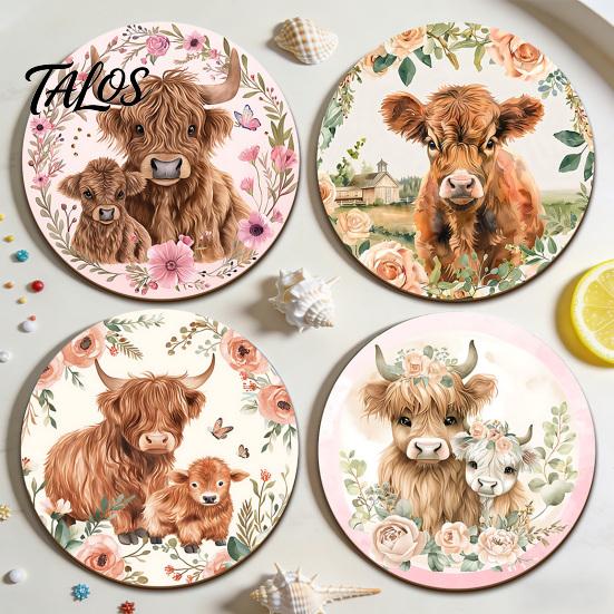 Heat Resistant Cork Cup Mats Highland Cow Coasters, Cute Floral Farmhouse Drink with Vintage Flower Print Holders Non-Slip Base, Table Protector