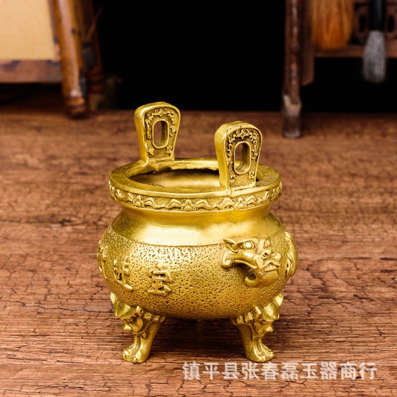 Exquisitely crafted brass , three-legged incense burner worship, small size for home use, golden and jad