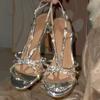 Fashion French Rhinestone High Heels For Women Slender Heels With Exposed Toes Sexy Fairy Style One-Shoulder Silver Thin Strap Sandals