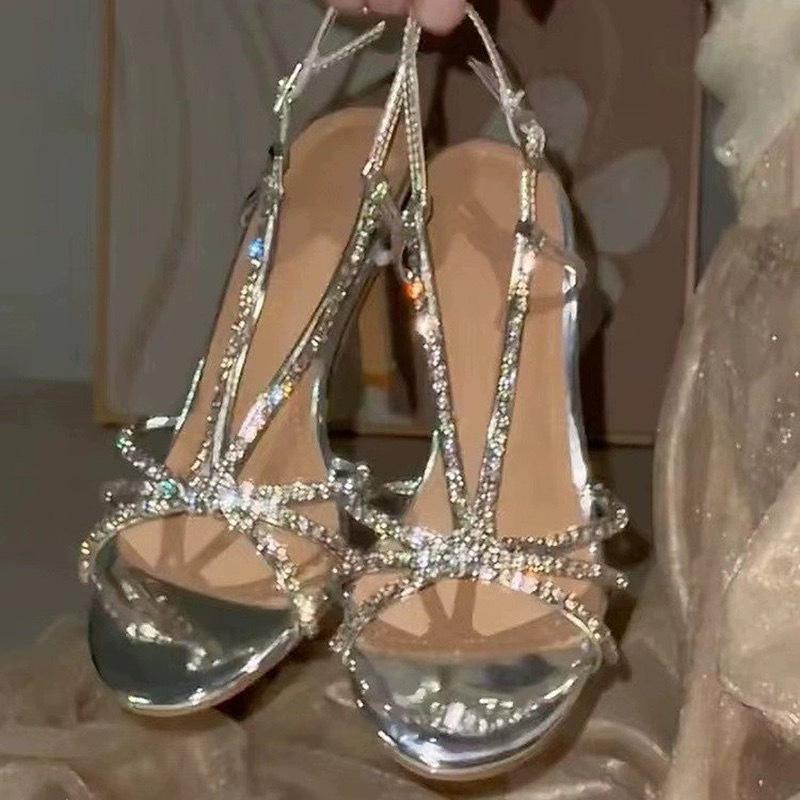 Fashion French Rhinestone High Heels For Women Slender Heels With Exposed Toes Sexy Fairy Style One-Shoulder Silver Thin Strap Sandals