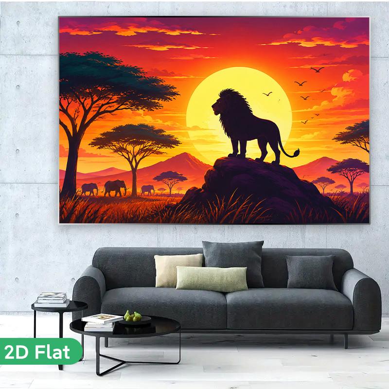 1 Piece of 2D Flat Banner Background Fabric, Depicting the African Scenery At Sunset with the King of the Beasts.zyc