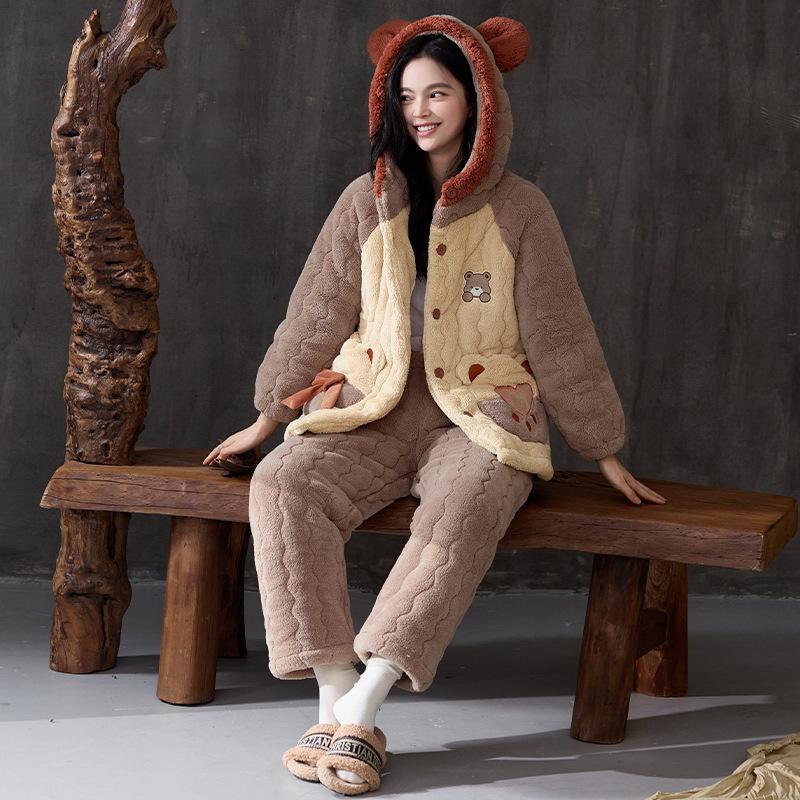 Winter three-layer padded coral fleece pajamas women's winter thickened hooded warm flannel cartoon loungewear women's