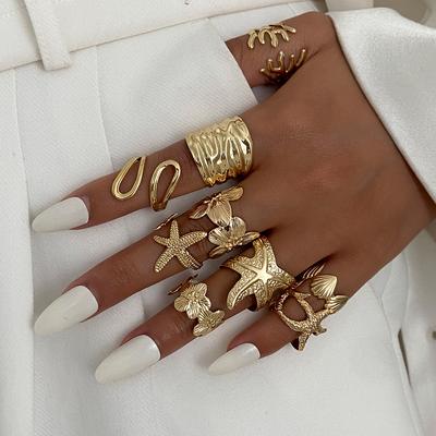 Ingemark Set de 9 Piezas Anillo Creativo Irregular Flor Estrella de Mar para Mujer Exquisitos Anillos Geométricos Abiertos Ajustables Joyería de Fiesta Regalo