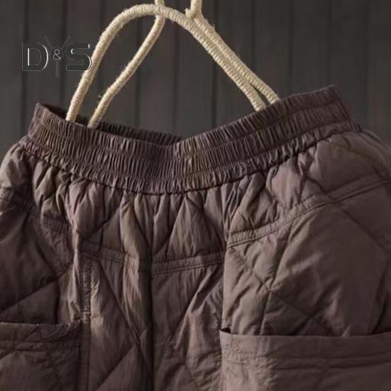 Damskie spodnie zimowe W pasie Wyściełane grube, jednokolorowe Luźne, miękkie, ciepłe kieszenie Rombowa tekstura Retro Casual Do kostek Damskie spodnie jesienne