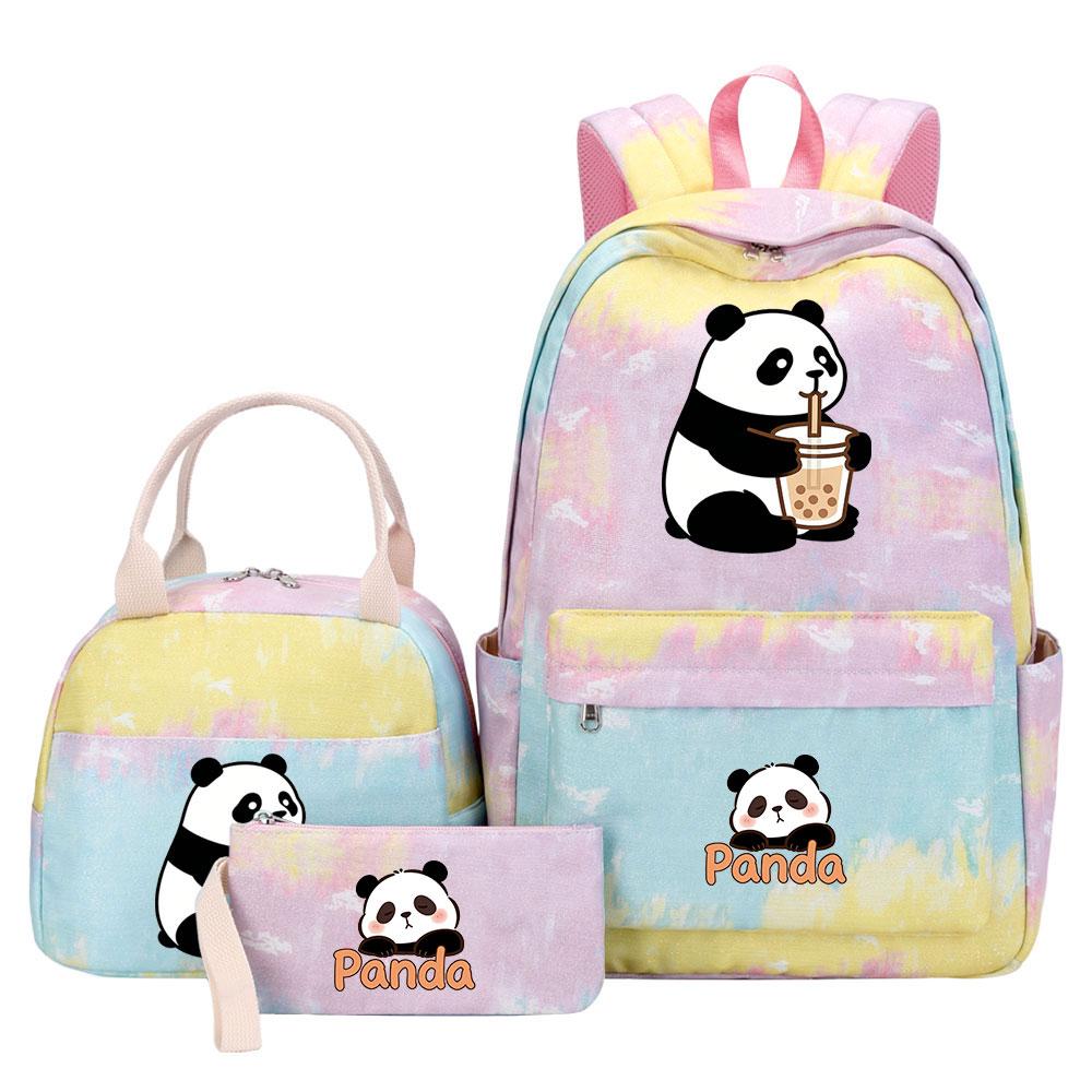 3-delige Tie Dye Panda Rugzak Set Kawaii Rugzak voor Naar School met Lunchtasje Etui, Reizen Dagrugzak voor Kinderen Meisjes