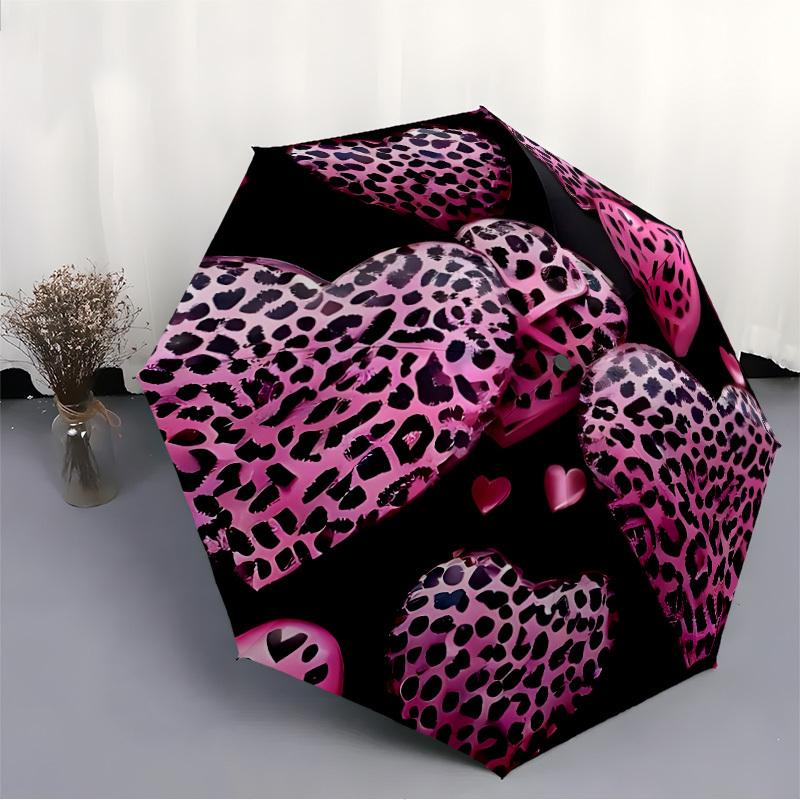 1pc Pink Leopard Heart Automatic Opening and Closing Folding Umbrella with 8 Iron Ribs - Portable, Foldable for Travel Yy251124111