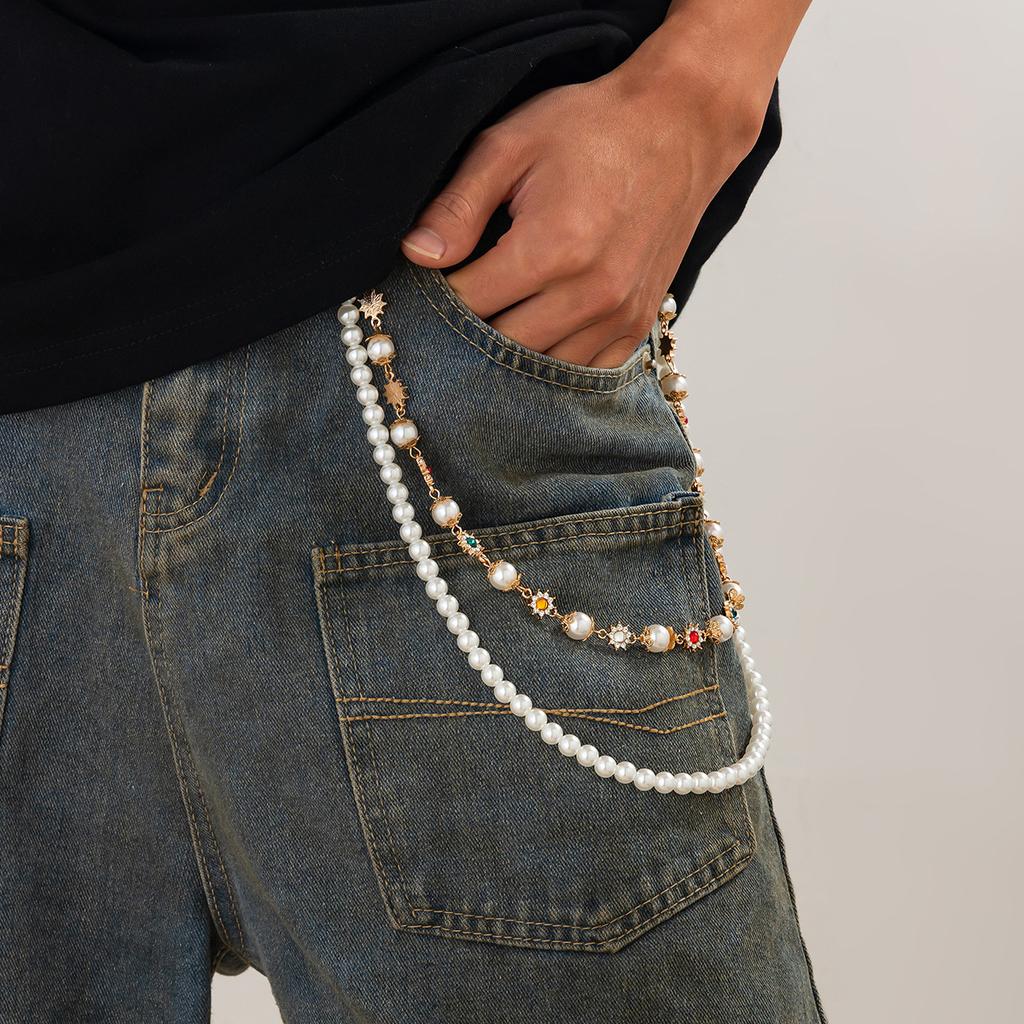 Trendy Pearl Rhinestone Sun Flower Jeans Chain Keychain Men Women Trousers Hipster Pant Chain Hiphop Y2K Jewelry