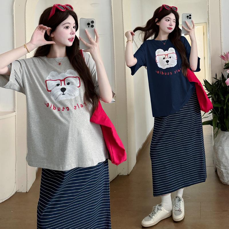 2026 Summer Maternity Set: Stylish Short Sleeve Top & Striped Skirt M