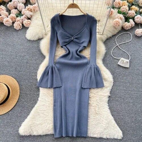 Sexy Bodycon V Neck Flare Pletené šaty s dlouhým rukávem Elegantní Elegantní Vestidos Podzimní Ženy Módní Hip zavinovací šaty