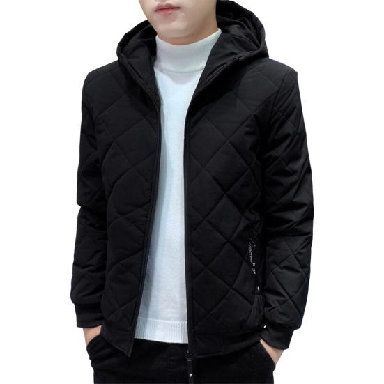 Men Cotton Coat Hooded Long Sleeve Solid Color Zipper Placket Quilted Jacket Elastic Hem