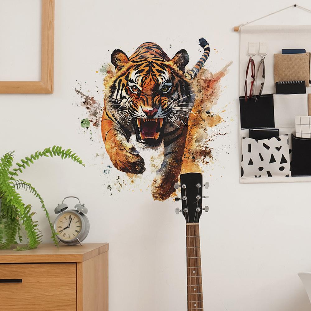 Realistic Hunting Tiger Predator Wall Sticker Wild Fierce Self-Adhesive Wall Art for Bedroom Living Room Man Cave Background Decor