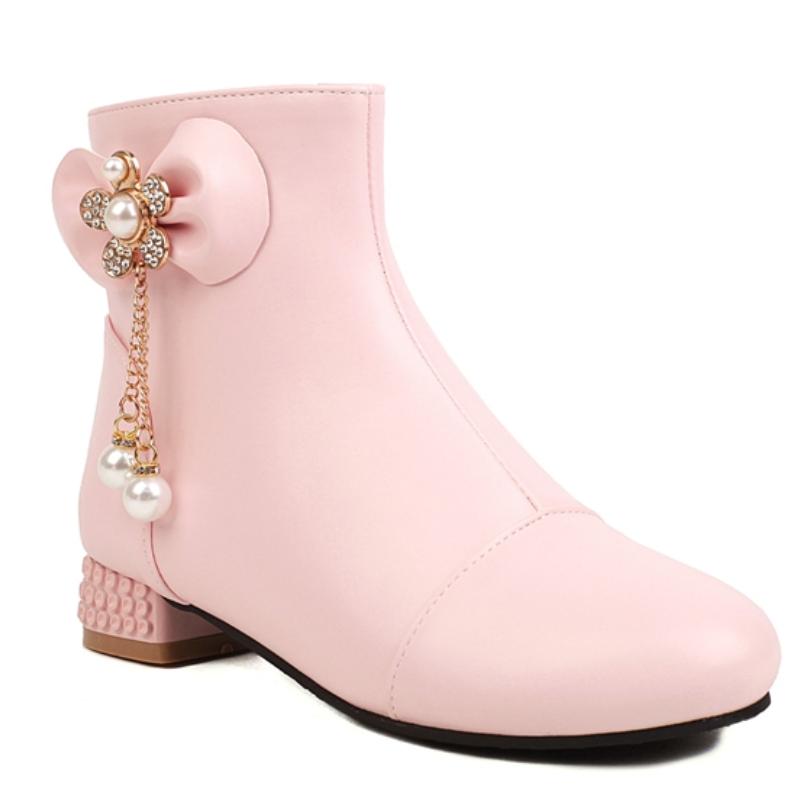 Růžové Kotníkové Boty Dámské Boty Sladký Krystal 2024 Podzim Zima Kotníková Bota Pro Ženy Nízký Podpatek Černá Bílá Společenské Boty Velká Velikost