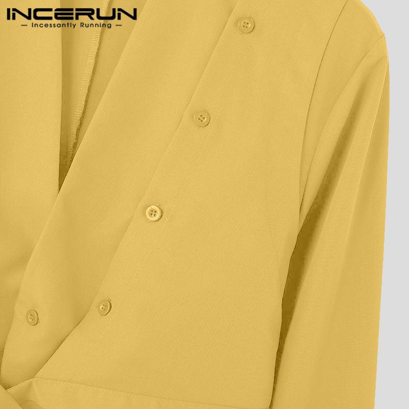 INCERUN Pánská košile s výstřihem do V vpředu s překříženými knoflíky Jednobarevné topy se stuhou s dlouhým rukávem