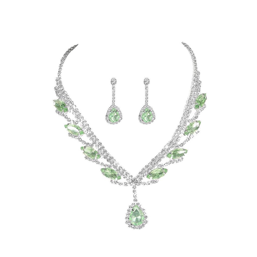Luxury Rhinestone Teardrop Pendant Necklace & Earring Set In Apple Green for Bridal Wear