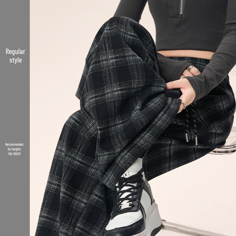 

Women s Dark Blue Velvet Plaid Wide-Leg Pants - Thickened Cotton, Petite Casual Style with Lambswool for Autumn/Winter 2025 S
