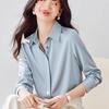 Camisa Azul Satinada Estilo Hong Kong para Mujer, Cuello Solapa, Primavera 2026, Holgada, Fluida, Top para Ir al Trabajo, Manga Larga