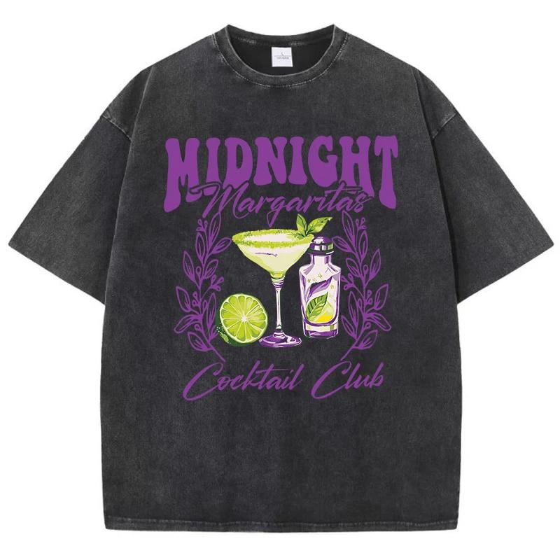 Vintage Woman Acid Wash T-Shirts Midnight Margaret Cocktail Club Prints Tops Crewneck Cotton Oversize Tee Shirts Clothes
