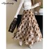 Korean Fashion Spring Summer Women Maxi Long Skirt High Waist Coffee Gray Floral Printed Skirts Womens Elegant Ruffles Vintage Feminine Skirt
