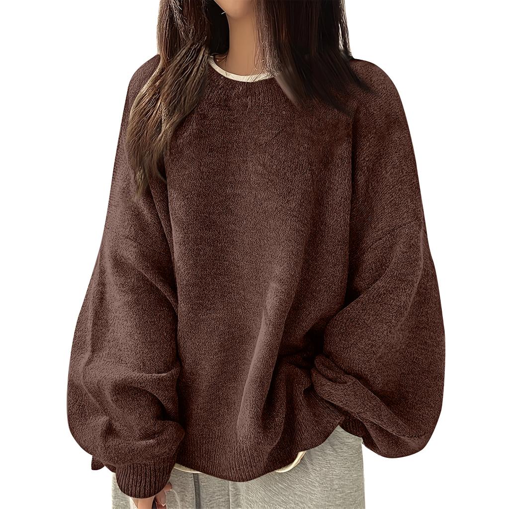 Women's Fashion Casual Loose Pullover Solid Color Round Neck Long Sleeve Knit Sweater
