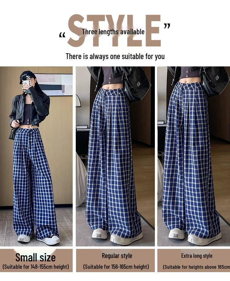 Women's Blue Retro Plaid Double-Breasted Wide-Leg Pants - Zhao Lusi Spring & Autumn Style