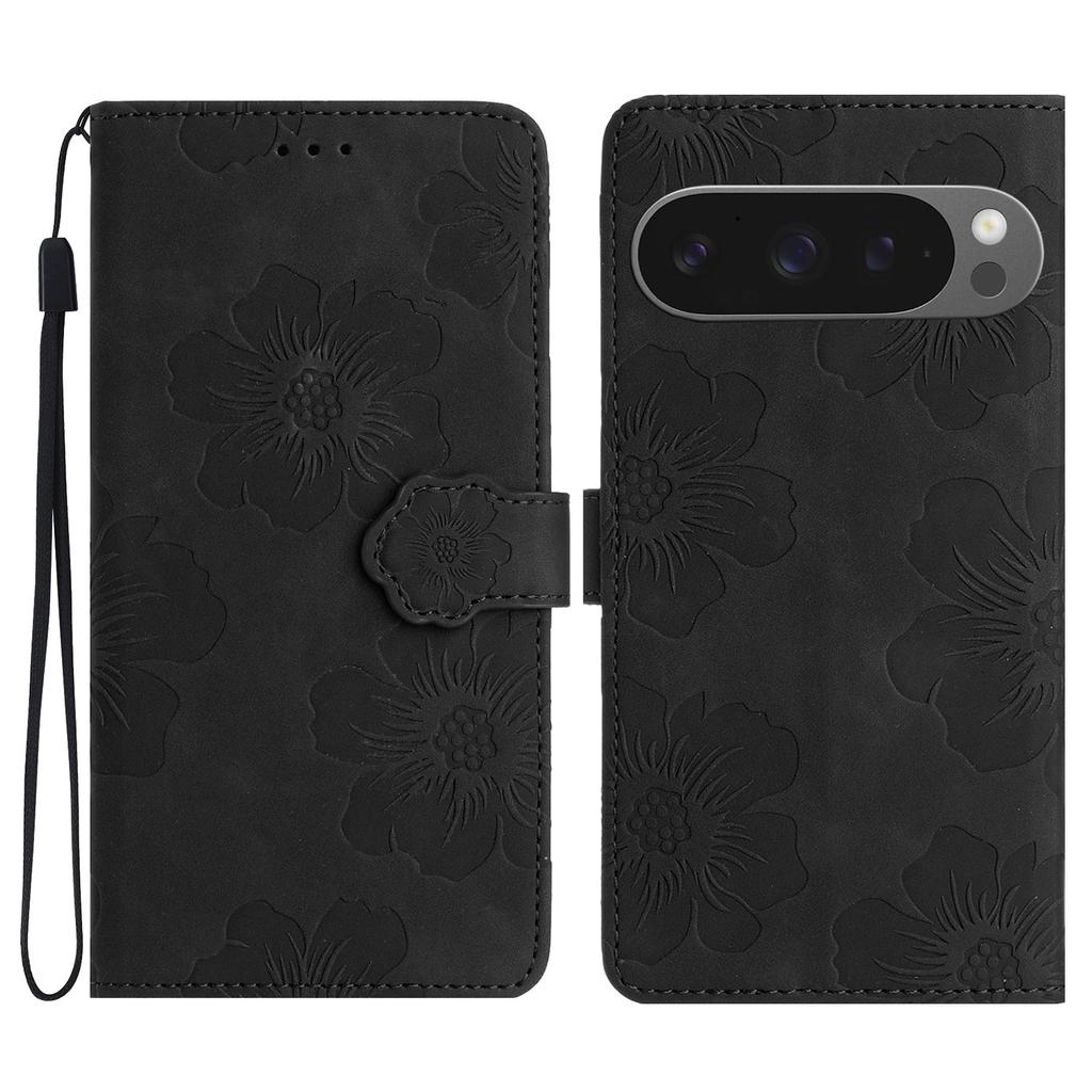For Google Pixel 9 Pro XL Case Flower Design Leather Wallet Phone Cover with Wrist Strap