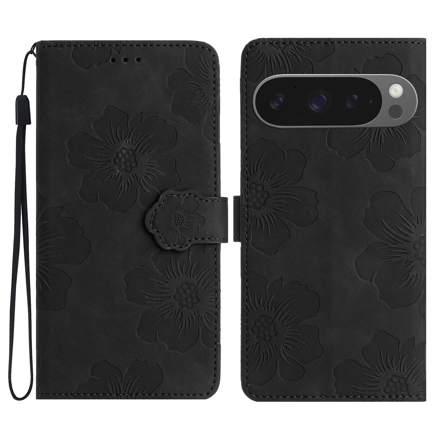 

For Google Pixel 9 Pro XL Case Flower Design Leather Wallet Phone Cover with Wrist Strap Black