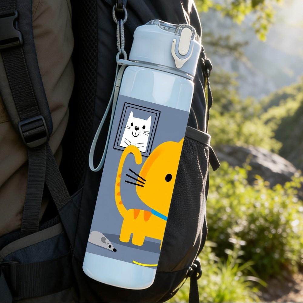 1PC Simple Yellow Cat Cartoon 750ml Color Plastic Sports Water Bottle Leakproof Flip Straw Lid Suitable for Sports Office Home Use