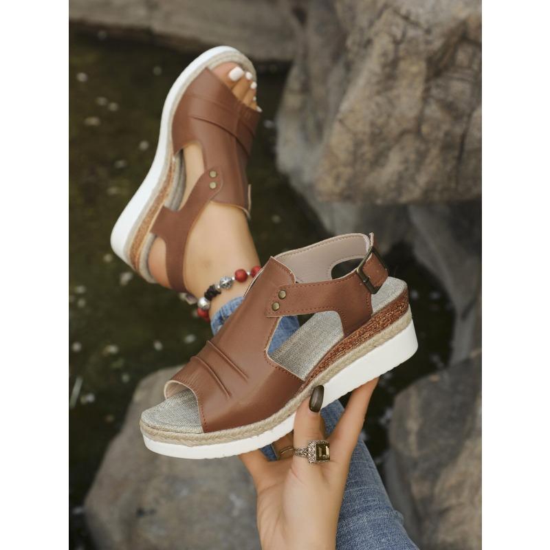 Plus Size Women's Sandals 2025 Summer New Flat Wedge Heel Fish Mouth Casual Buckle Wear Women's Sandals Outside