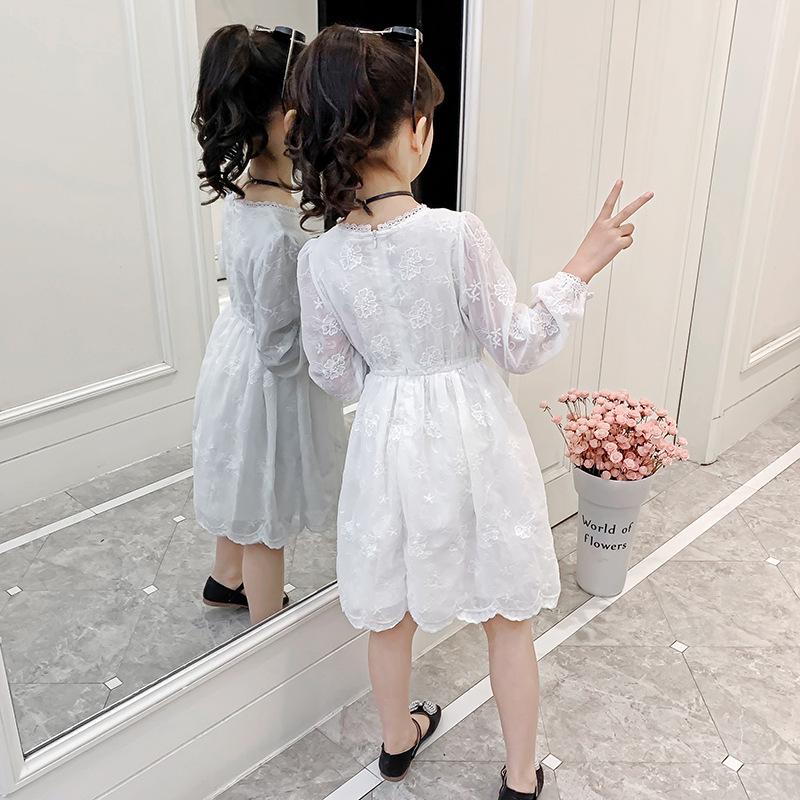 Girls' White Dress Spring Dress Big Children's Skirt Long-sleeved Lace Princess Dress