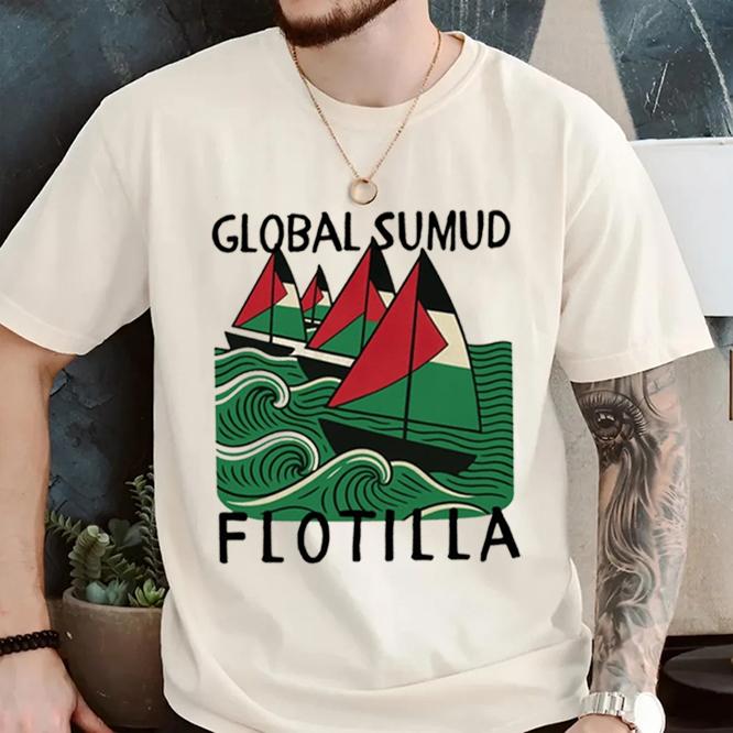 Frieden Global Sumud Flotte Unisex Lässiges Bedrucktes T-Shirt Rundhalsausschnitt Kurze Ärmel Baumwolle Oberteil Alle Jahreszeiten Mode Weiches Kurzarml