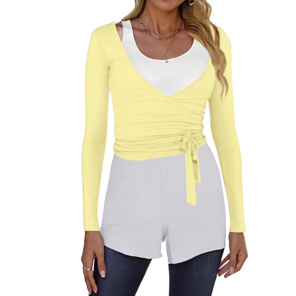 Women’s Long Sleeve Wrap Front Ballet Cardigan with Adjustable Waist Tie and Thumbhole Cuffs for Dance Yoga Layering