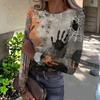 Womens Halloween Print Long Sleeve T Shirt Slim Fit Round Neck Casual Stretchy Basic Top for Autumn Winter