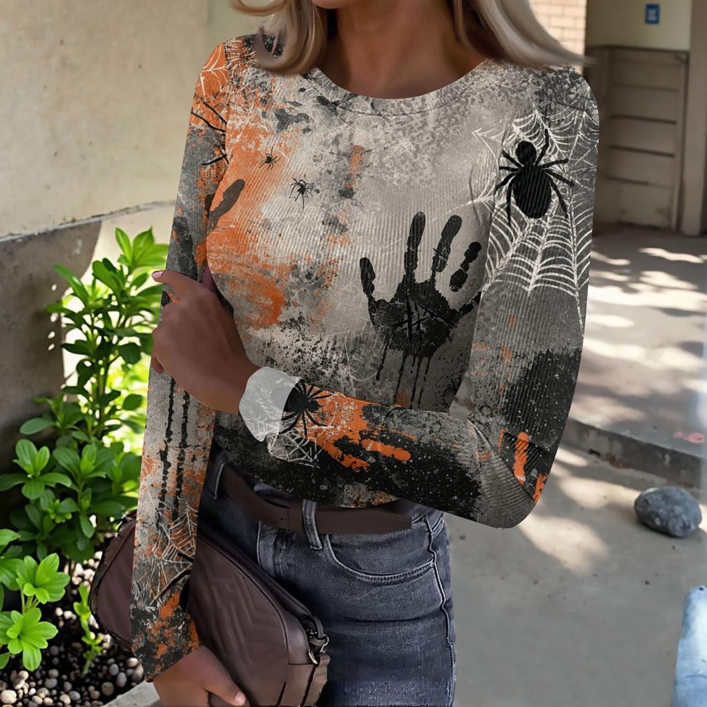 Womens Halloween Print Long Sleeve T Shirt Slim Fit Round Neck Casual Stretchy Basic Top for Autumn Winter