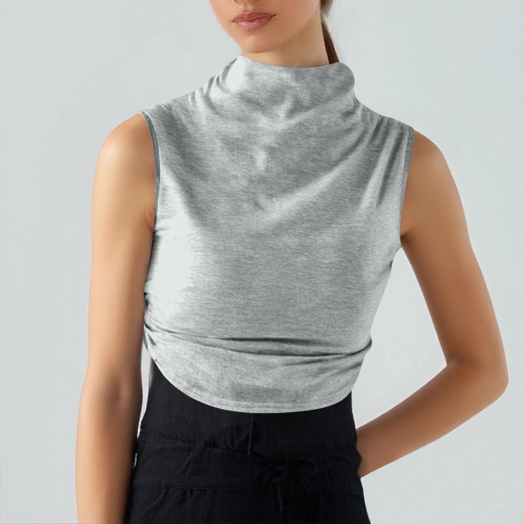 Women's Solid Color Semi-high-neck Sleeveless Vest Pleated  Top T-shirt