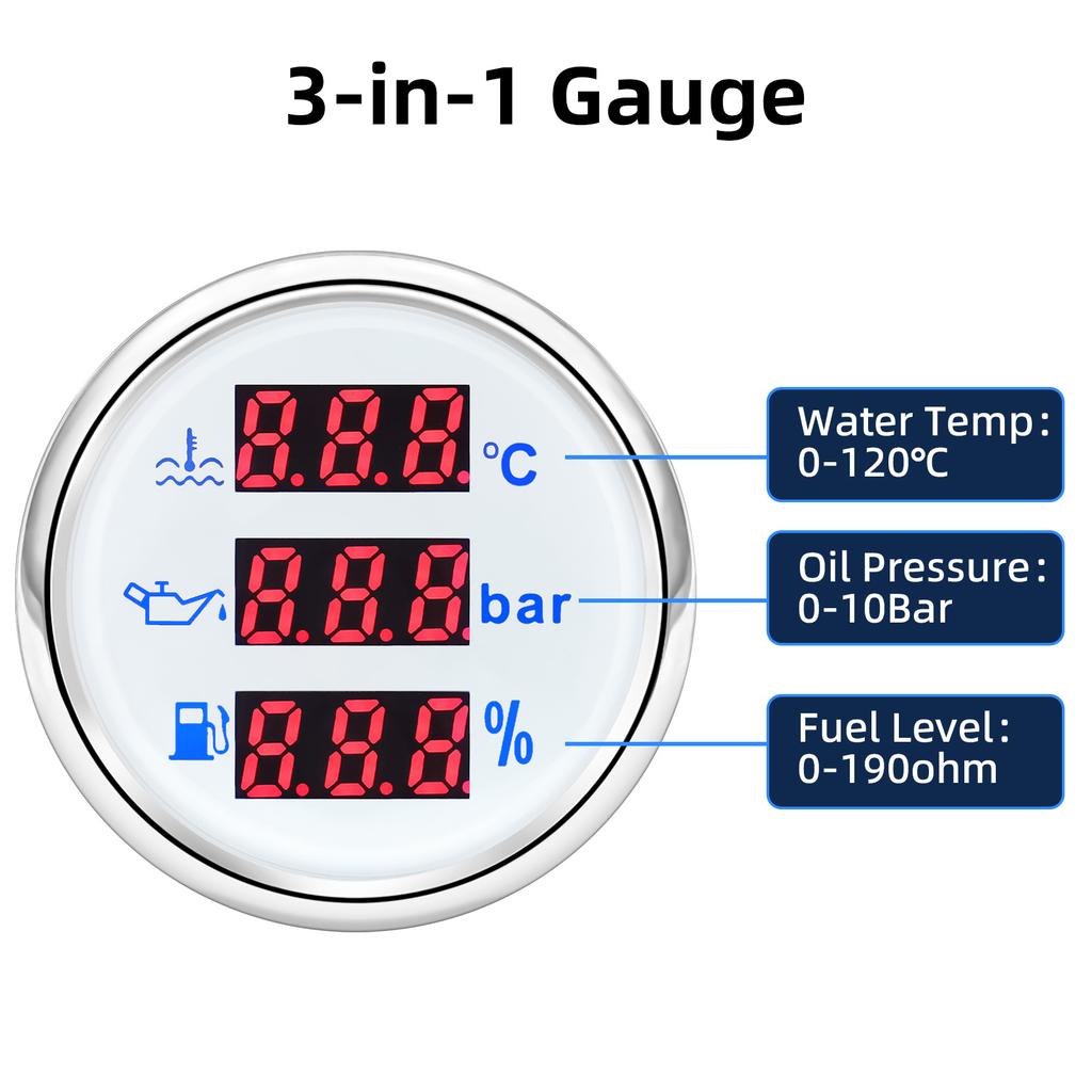 Boat Car 3 in 1 Multi-Functional Digital Gauge 52mm RPM Fuel Water Level Water Temp Oil Press Voltmeter Holding Tank Alarm Meter