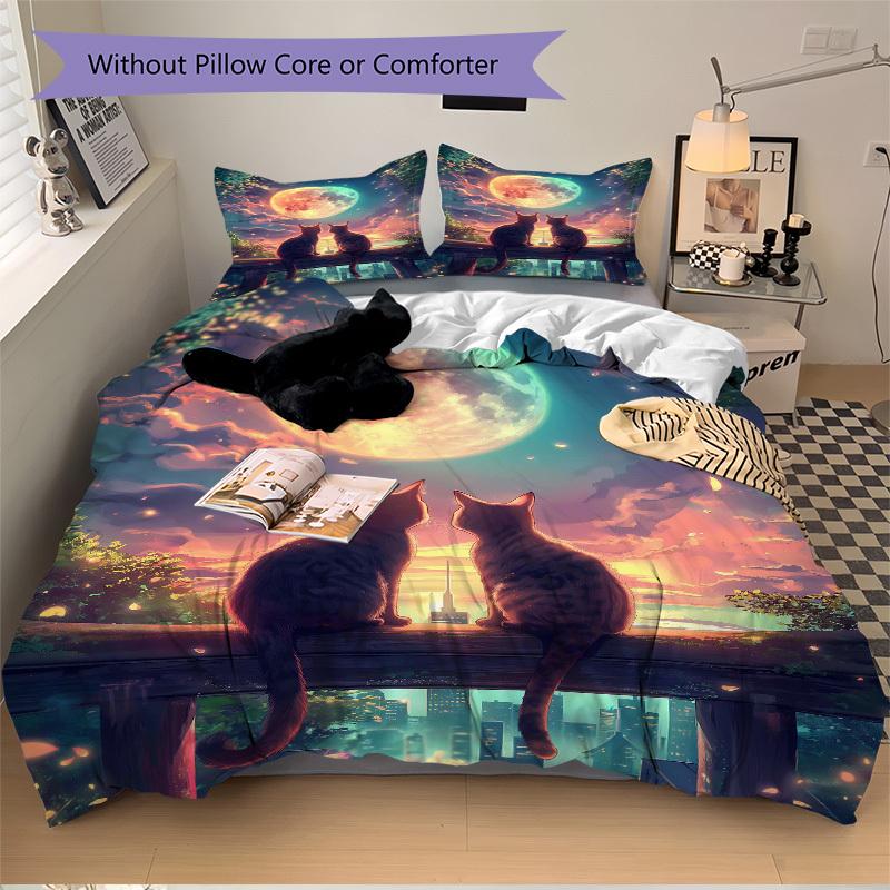 3pcs Anime Cat Moonlight Bedding Set - Includes One Quilt Cover and Two Pillowcases (No Core) - Home Decor Gift for Bedroom and Guest Room D