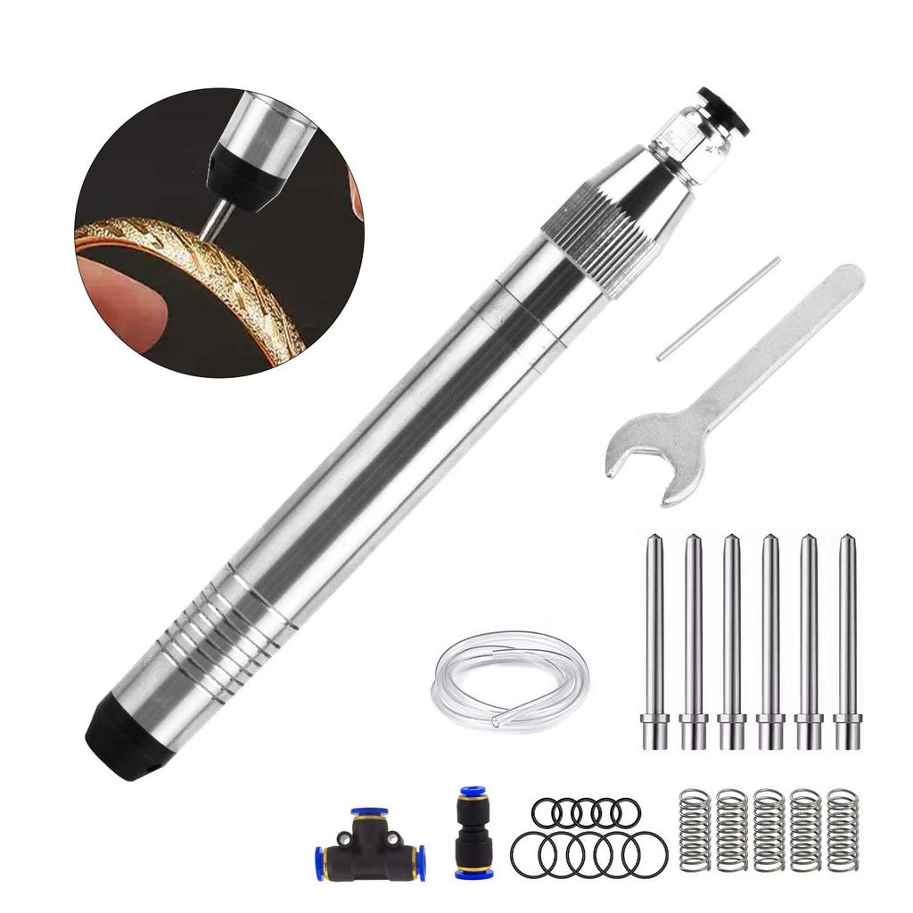 Jewelry Pneumatic Engraving Pen Kit, 4/6/8/16/24/32 Sided Tips with Air Hose, for Engraving & Matte Finishing on Gold, Silver & Stainless Steel
