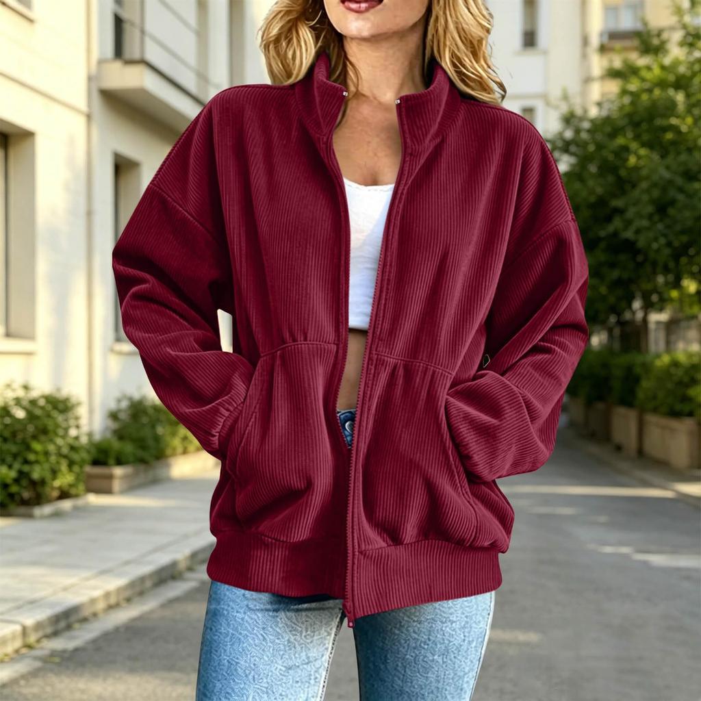 Women's Casual Loose Fit Long Sleeve Jacket Full Zip Up Ribbed Texture Lightweight Outerwear with Stand Collar and Pockets