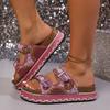 Women's Wide Width Platform Slides, Double Buckle Rhinestone Sandals, Beaded Beach Slippers Wholesale for Women
